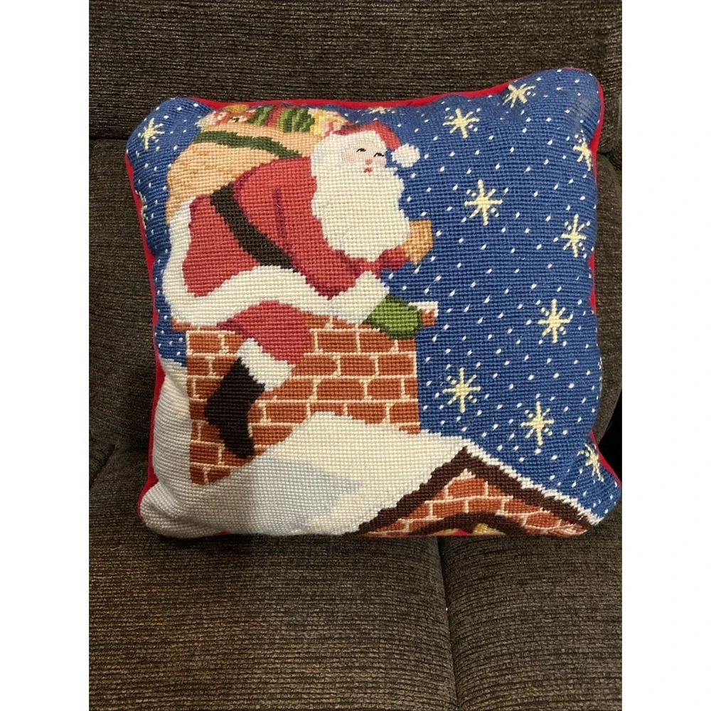 VTG Wool Needlepoint Santa Throw Pillow Christmas Workshop Velvet Zip Back 13